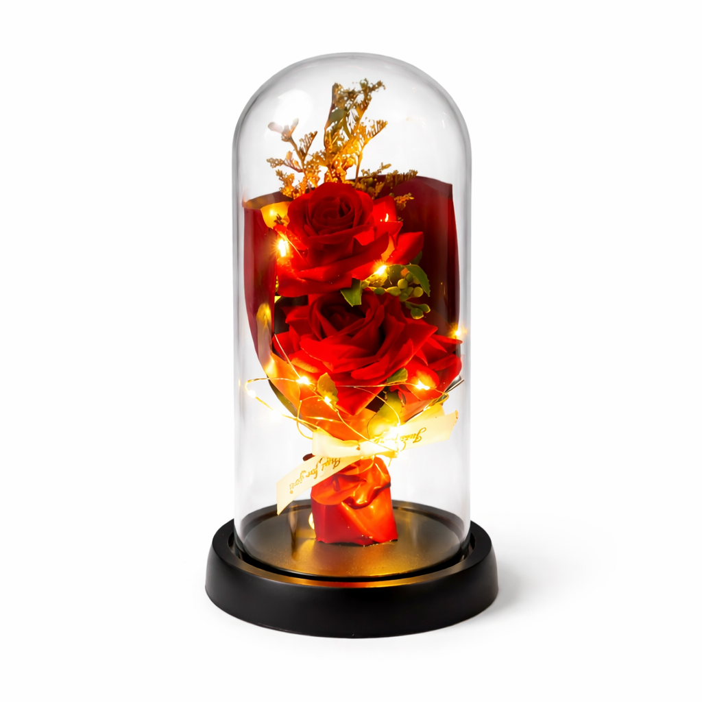 Bouquet de Roses Artificielles sous Cloche Lumineuse LED