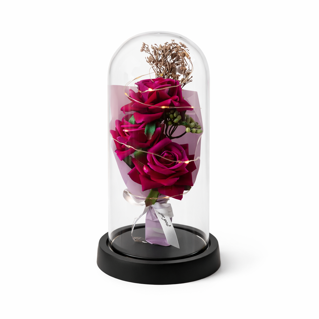 Bouquet de Roses Artificielles sous Cloche Lumineuse LED