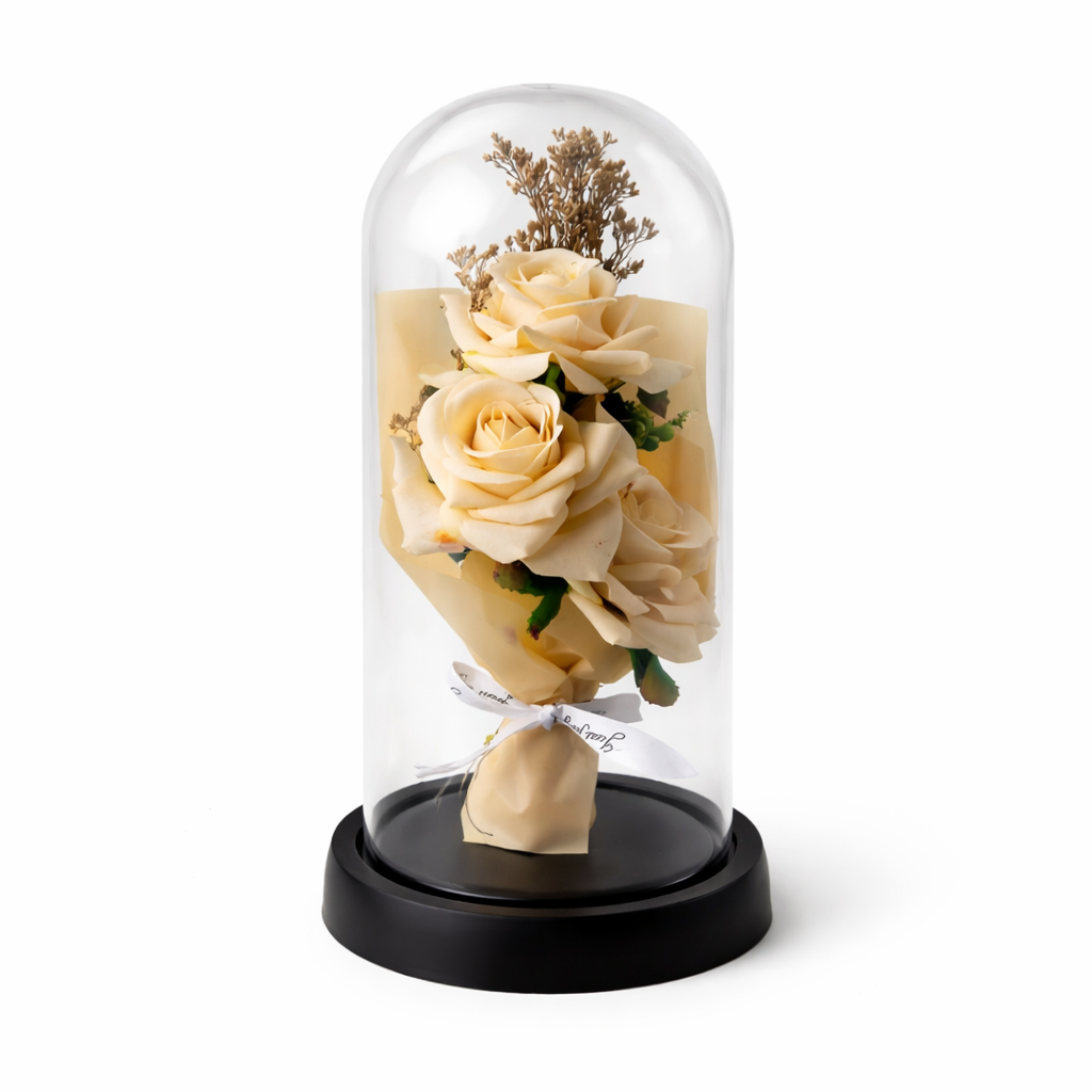 Bouquet de Roses Artificielles sous Cloche Lumineuse LED