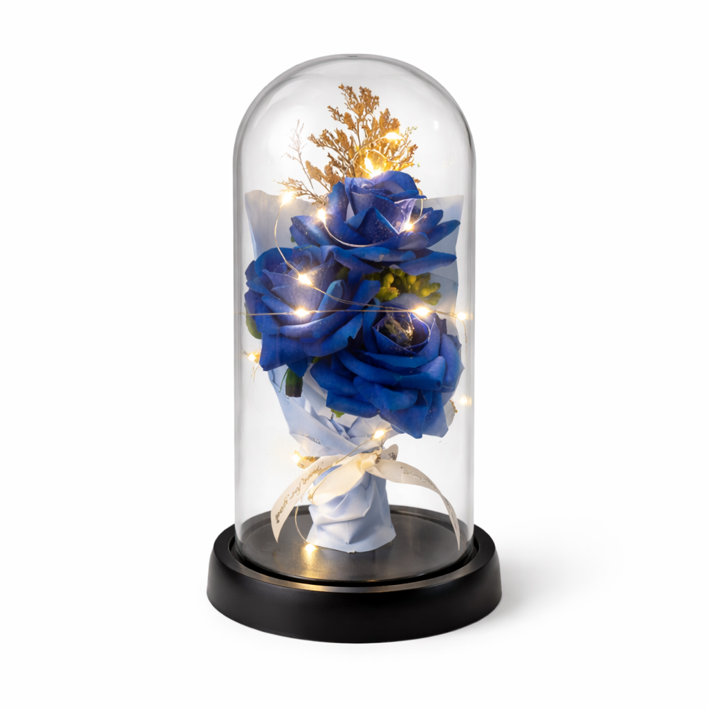 Bouquet de Roses Artificielles sous Cloche Lumineuse LED