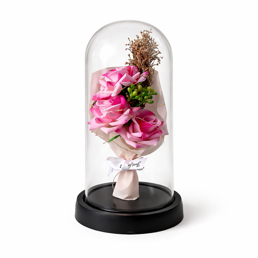 Bouquet de Roses Artificielles sous Cloche Lumineuse LED