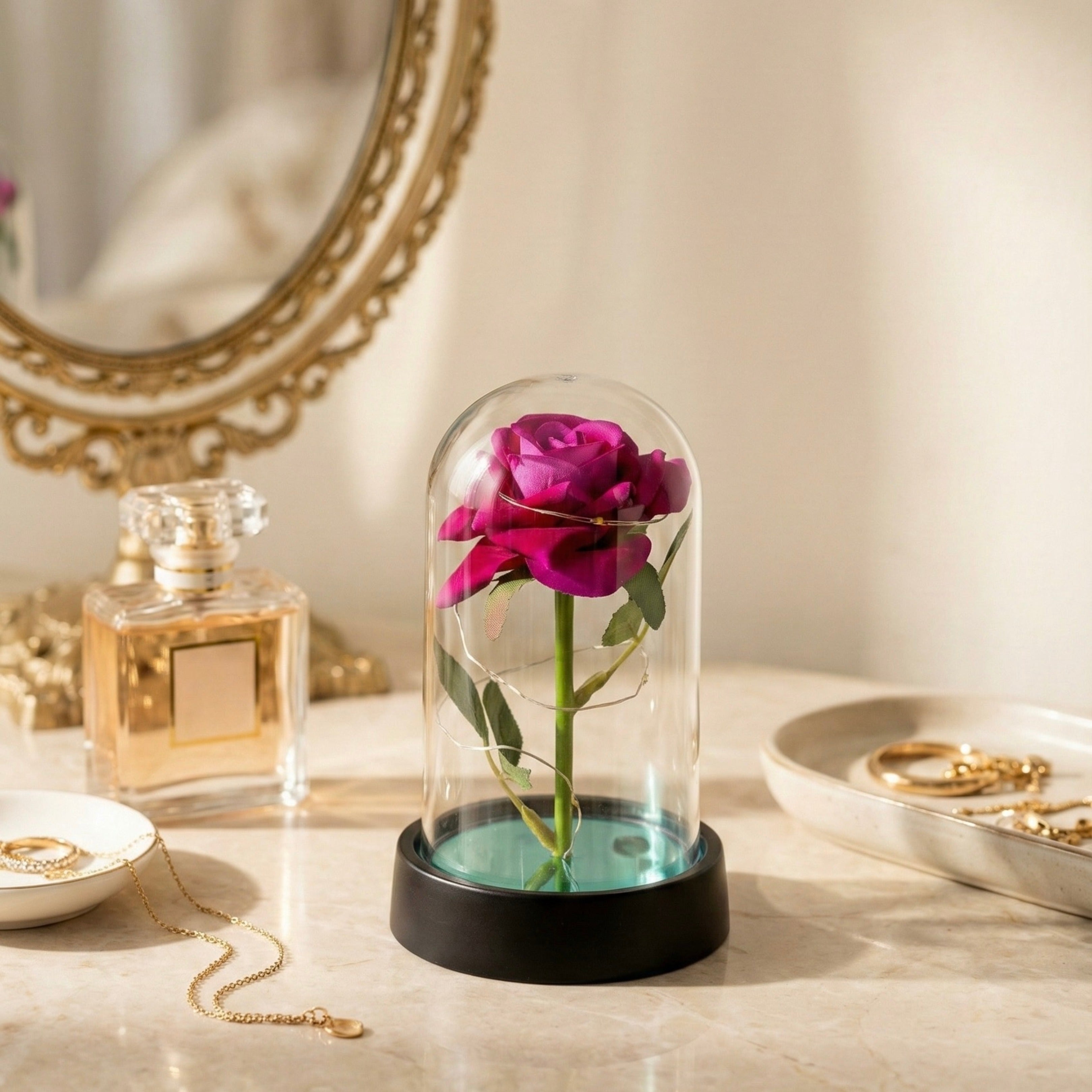 Rose Artificielle sous Cloche LED – Modèle Florya