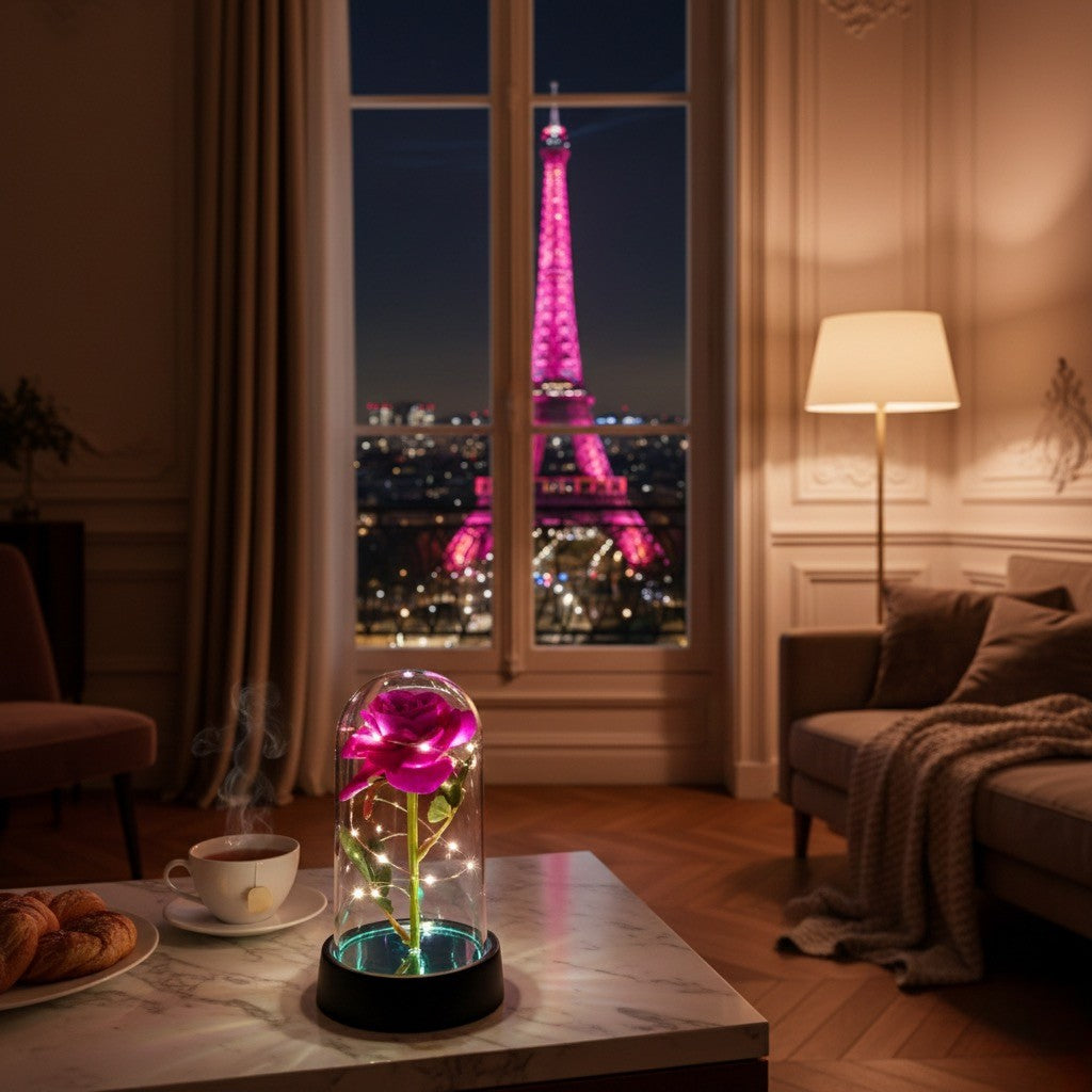 Rose Artificielle sous Cloche LED – Modèle Florya