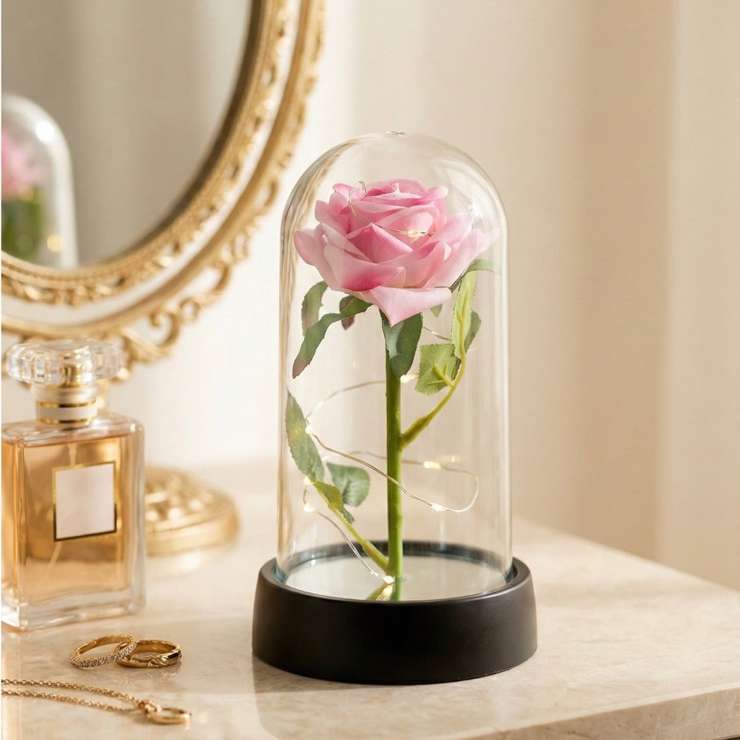 Rose Artificielle sous Cloche LED – Modèle Florya