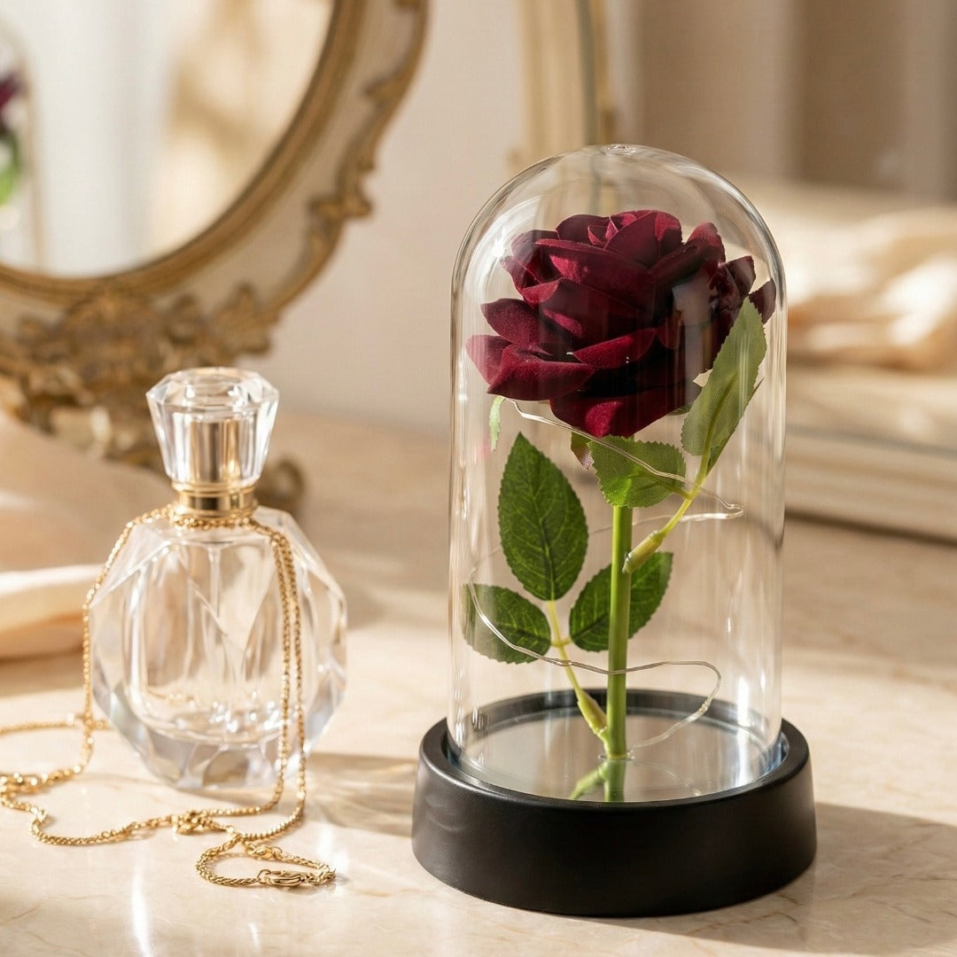 Rose Artificielle sous Cloche LED – Modèle Florya