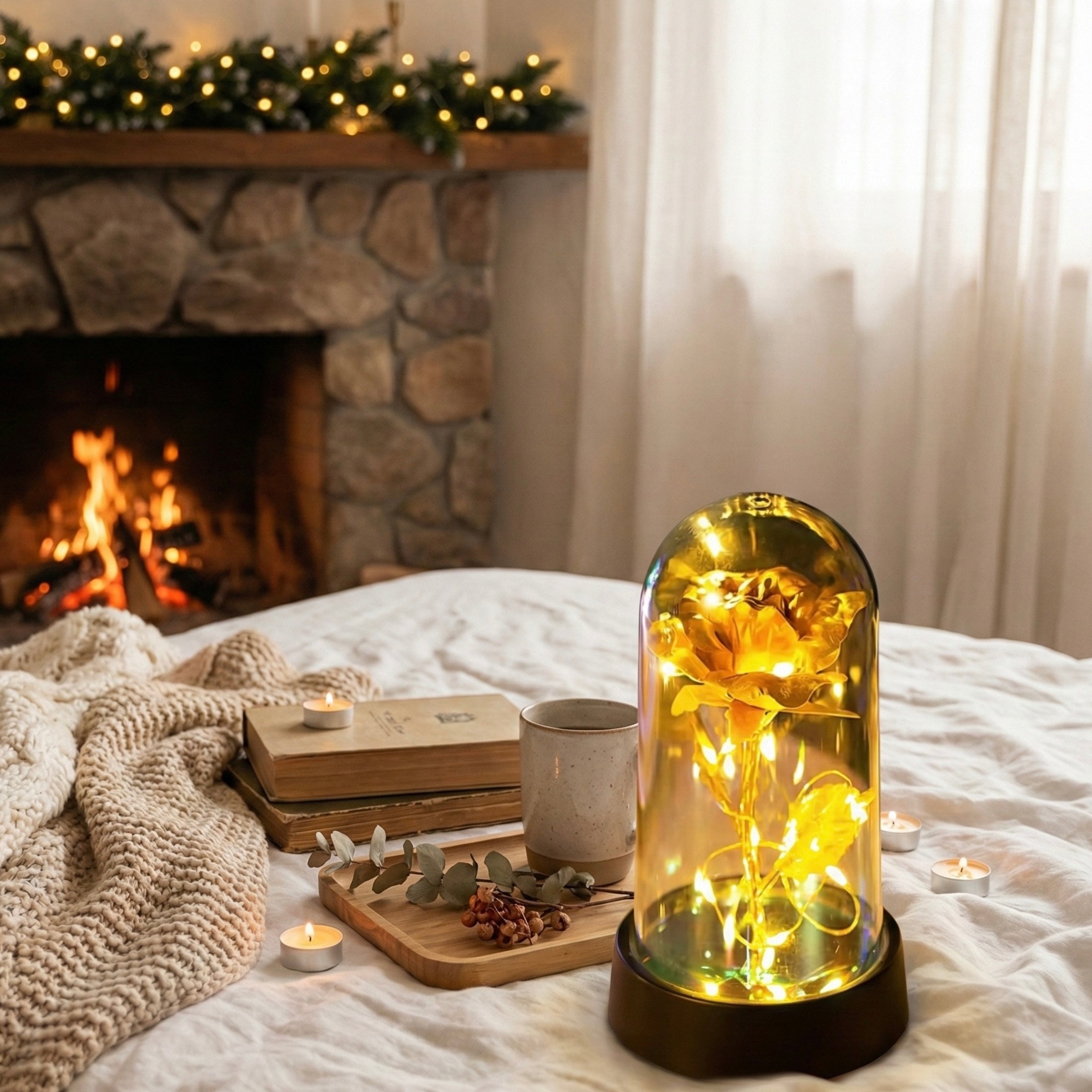 Rose Artificielle sous Cloche LED – Modèle Crystal