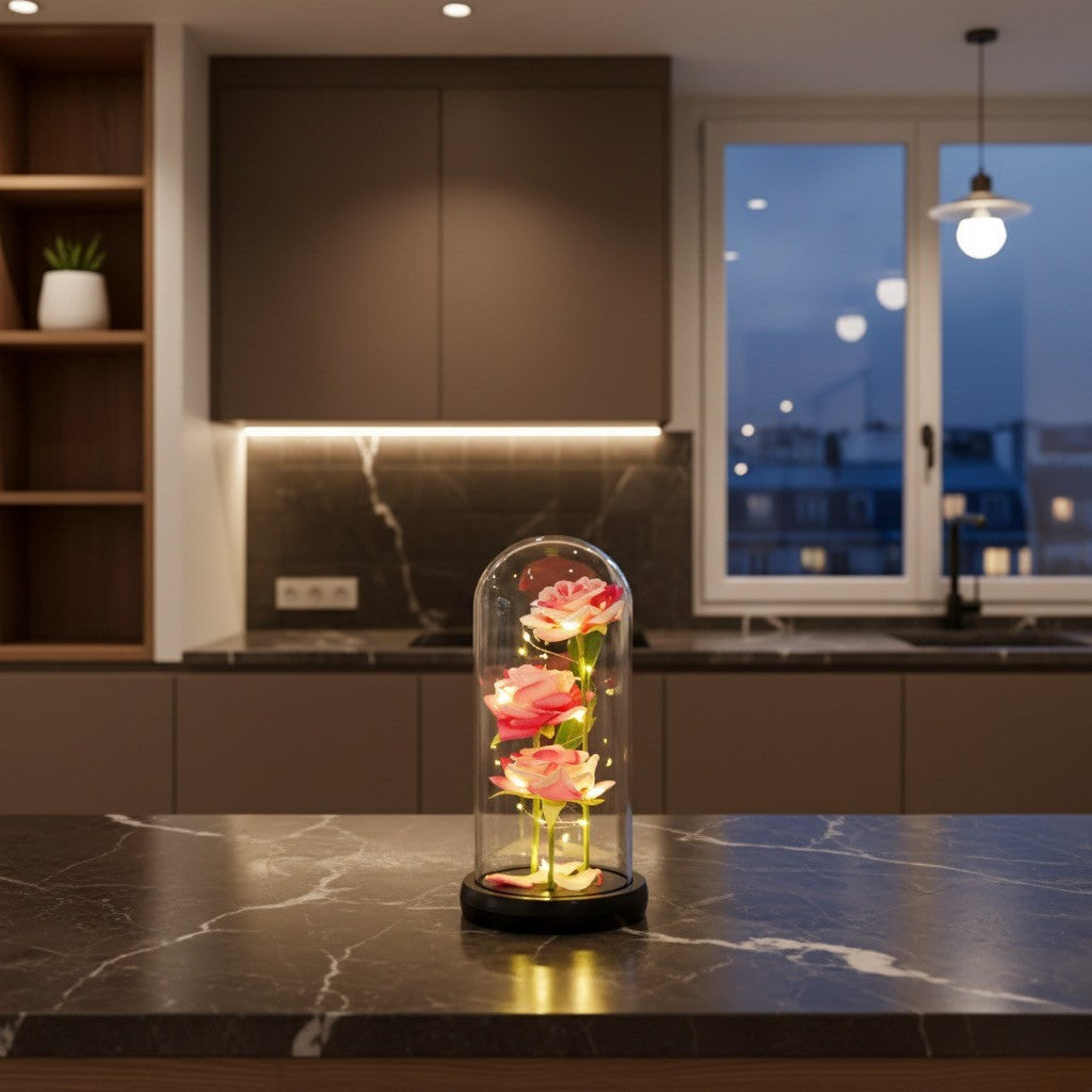 Trio de Roses Artificielles sous Cloche Lumineuse LED