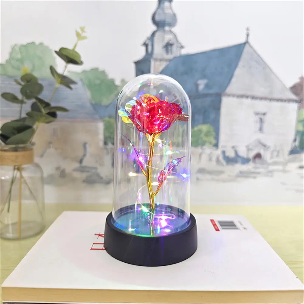Rose Éternelle Holographique sous Cloche – Lumières Magiques